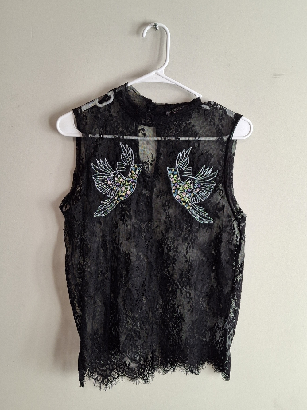 Black Lace Sleeveless Camisole with Embroidered Bird Appliqués
